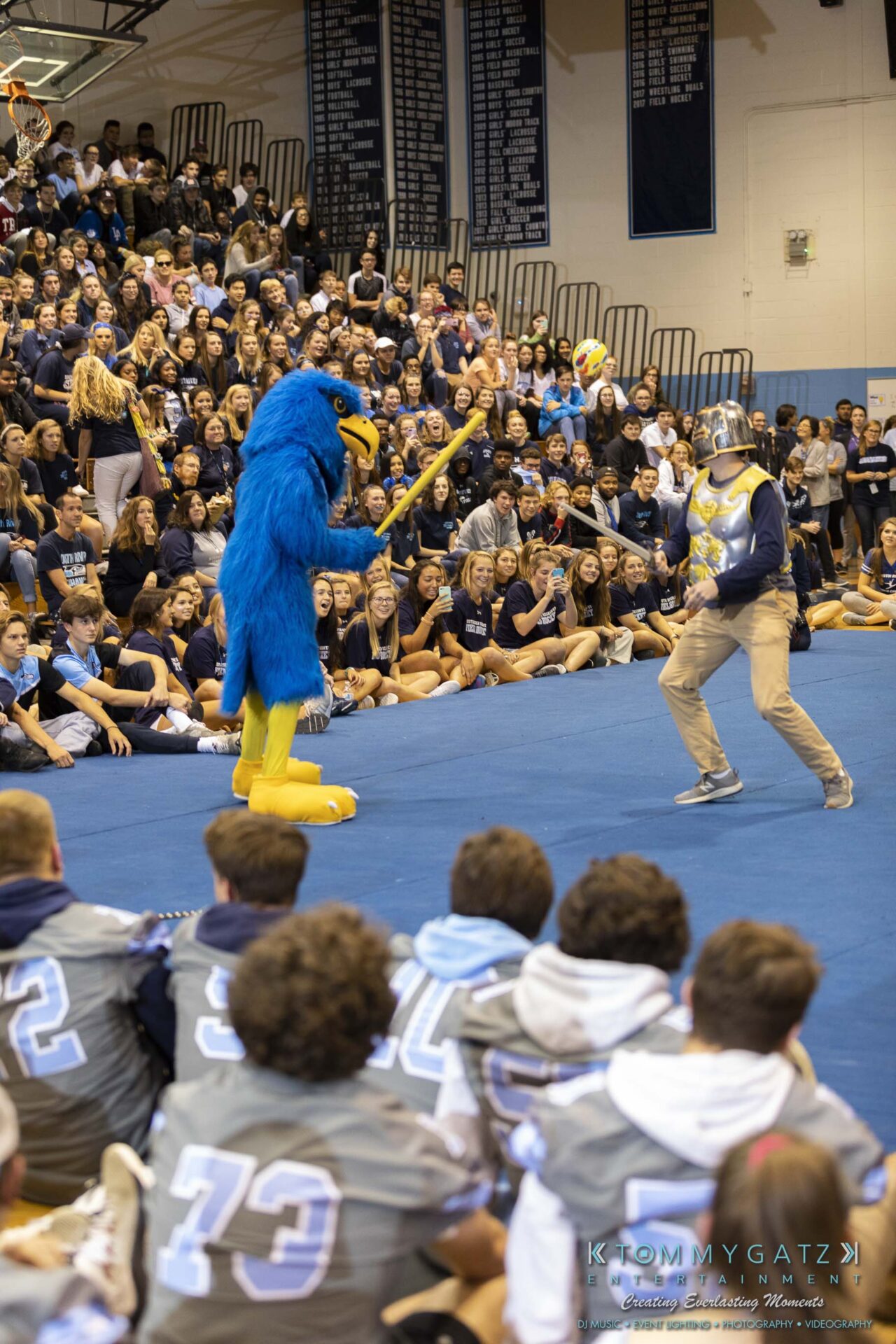 SR-Pep-Rally-102618-Carl-Low-Res-63 - TOMMY GATZ ENTERTAINMENT A person in a blue bird costume faces off against a person in yellow armor with a sword, in a gymnasium filled with seated spectators.