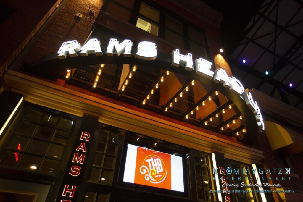 LWYD-Comedy-Tour-Baltimore-060118-FINALS-Low-Res-Watermark-268 - TOMMY GATZ ENTERTAINMENT Exterior view of Rams Head Live, featuring illuminated signage and a digital screen displaying a logo.