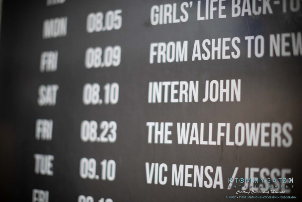 081019-Baltimore-RAMS-HEAD-Low-Res-WM-12 - TOMMY GATZ ENTERTAINMENT Close-up of a concert schedule board displaying events and dates, including "Intern John," "The Wallflowers," and "Vic Mensa.