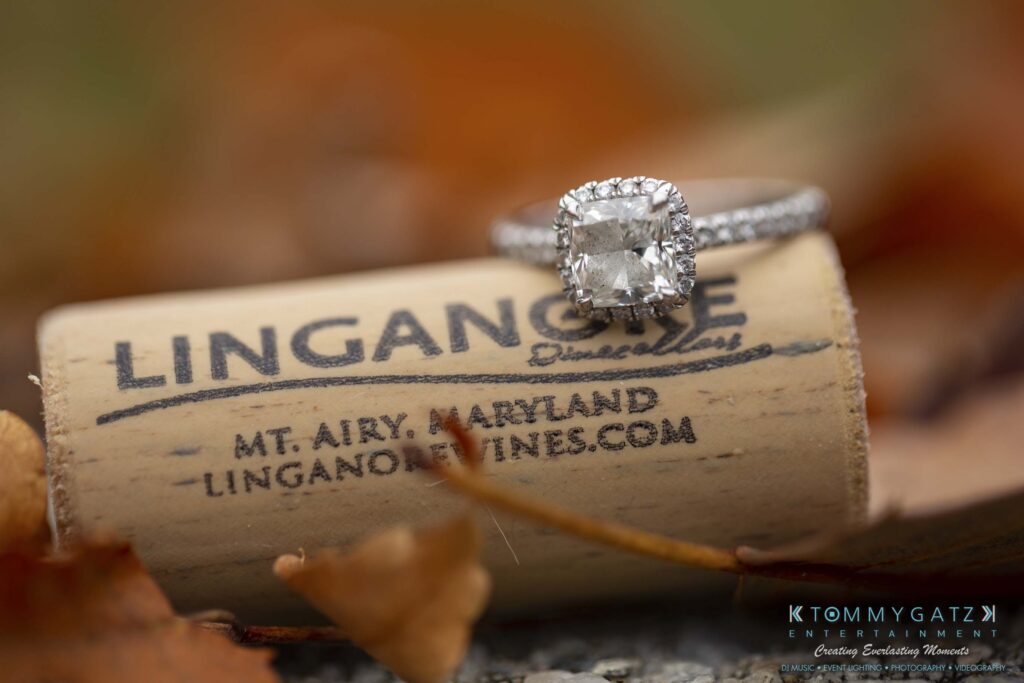 Jon-Christine-111218-Blog-Low-Res-52 - TOMMY GATZ ENTERTAINMENT Engagement ring on a wine cork from Linganore Winecellars, Mt. Airy, Maryland.
