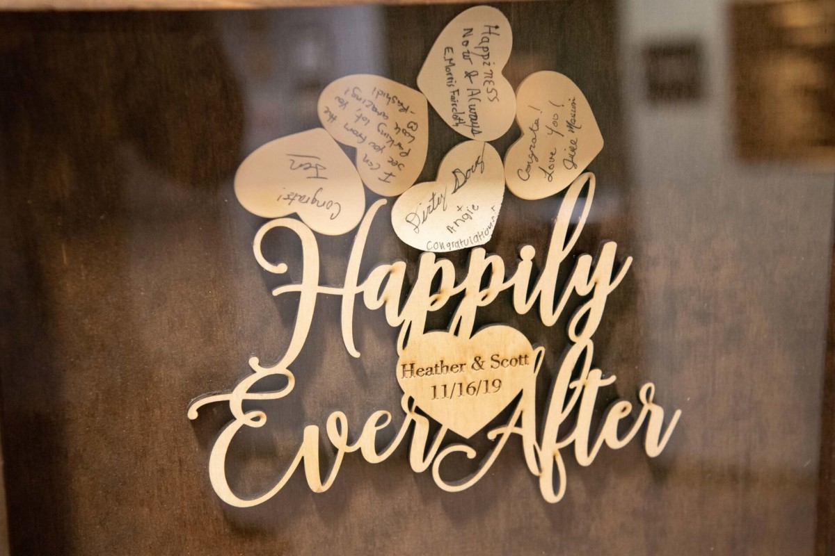 Heather-Scott-Wedding-Low-Res-128 1 - TOMMY GATZ ENTERTAINMENT Wooden "Happily Ever After" sign with heart cutouts inscribed with messages. Date and names "Heather & Scott 11/16/19" are in the middle. Signs are displayed on a brown background.