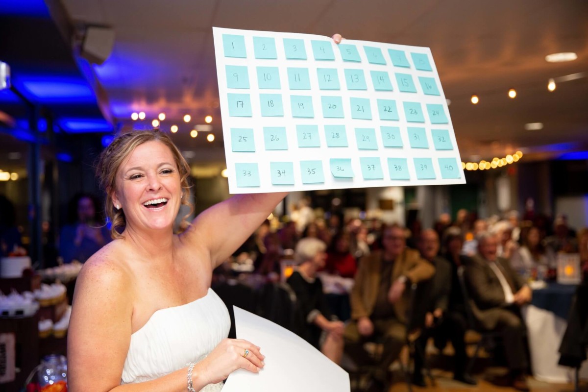Heather-Scott-Wedding-Low-Res-135 1 - TOMMY GATZ ENTERTAINMENT A woman in a white dress holds up a board with numbered cards in front of a crowd at an event.