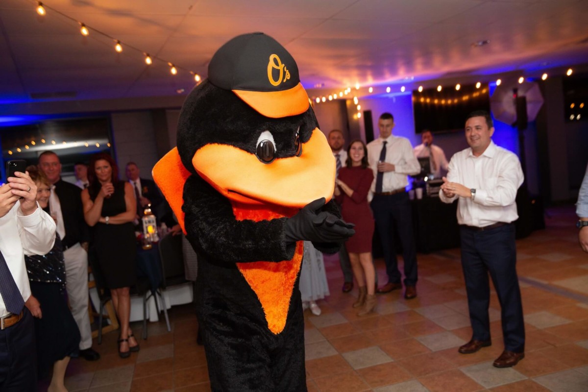 Heather-Scott-Wedding-Low-Res-143 1 - TOMMY GATZ ENTERTAINMENT A person in a bird mascot costume, wearing a baseball cap, interacts with a group of people in a decorated indoor venue with string lights.