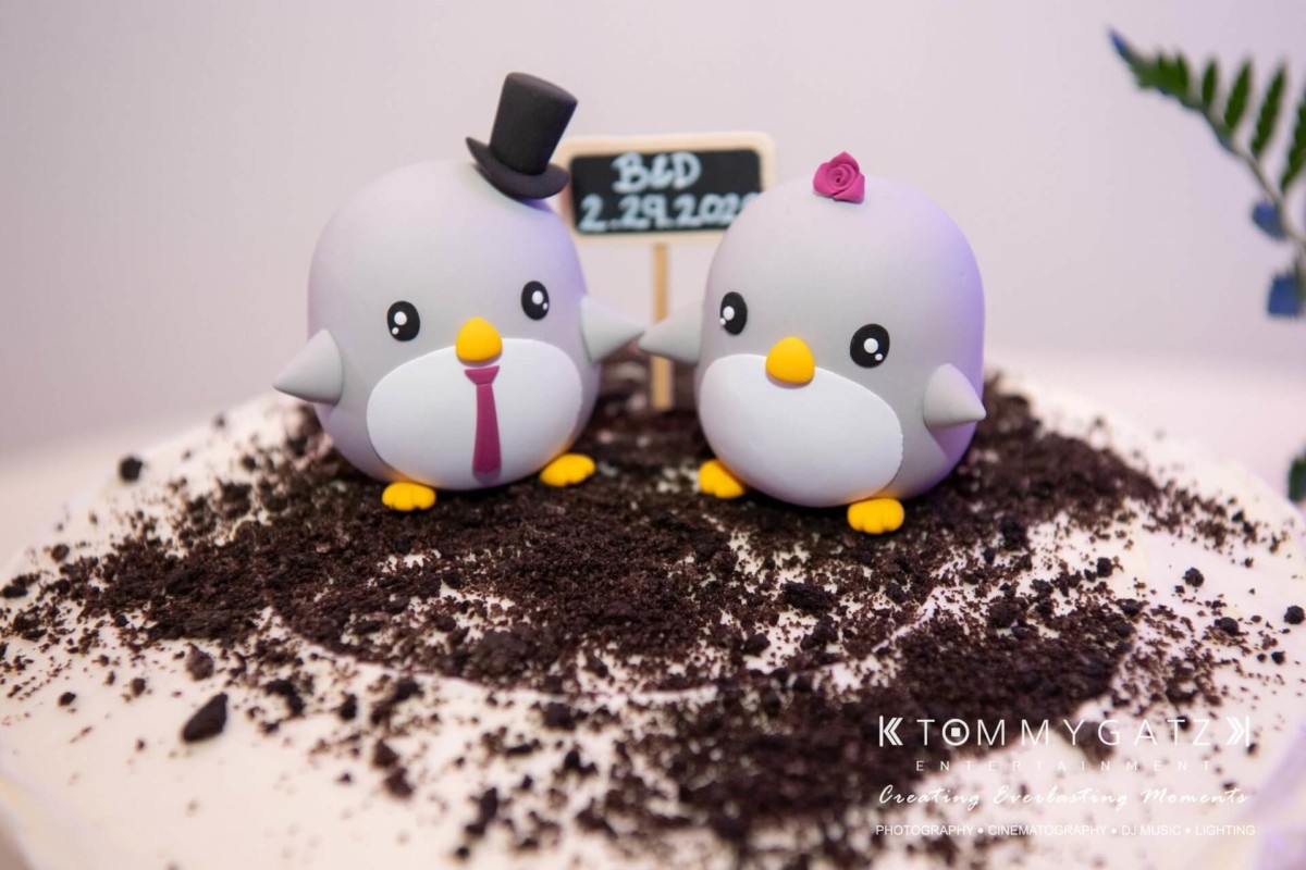 BrittanyDaniel-WEDDING-Highlights-103 - TOMMY GATZ ENTERTAINMENT Two penguin cake toppers on a dirt-like surface; one wears a top hat, the other has a pink flower. A small sign reads "BLD 2.29.2020.