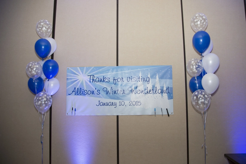 Banner reads "Thanks for visiting Allison's Winter Wonderland, January 10, 2015," flanked by blue and white balloon clusters.