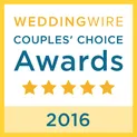 WeddingWire Couples' Choice Awards 2016 badge with five stars displayed.
