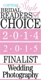 Capital Style Bridal Readers Choice Finalist badge for wedding photography, years 2014 and 2015, with a pink and black design.