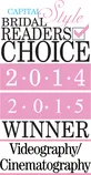 Award badge for Capital Style Bridal Readers Choice Winner 2014-2015 in Videography/Cinematography.