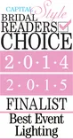Award badge for Capital Style Bridal Readers Choice Finalist, Best Event Lighting, 2014-2015.