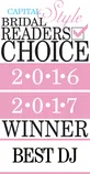 Award badge indicating Capital Style Bridal Readers’ Choice for Best DJ in 2016 and 2017.