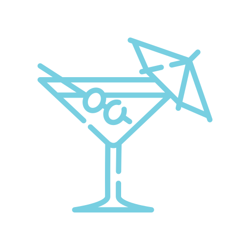 Illustration of a cocktail glass with a straw, a pair of sunglasses, and an umbrella inside.