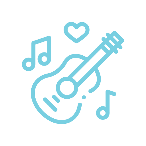 Icon of a guitar with musical notes and a heart, outlined in blue on a white background.