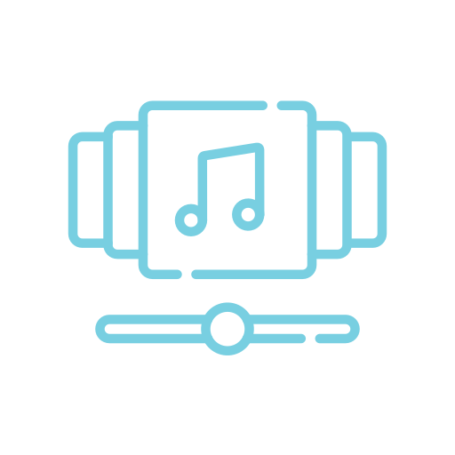 Icon of a blue music note with three rectangles behind it and a slider control below, all enclosed within a white circular background.