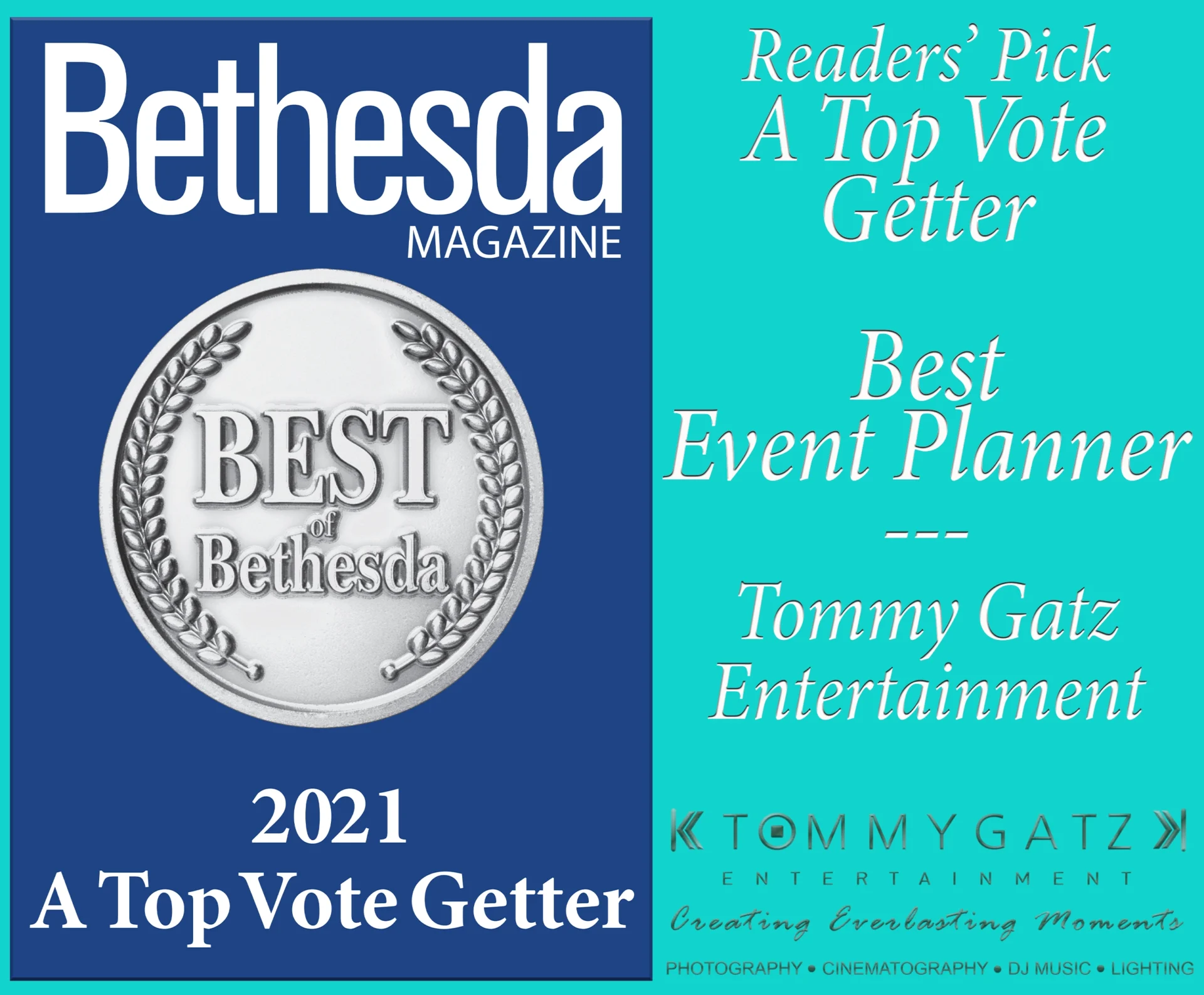 Magazine cover highlighting "Best of Bethesda 2021" with "A Top Vote Getter" and "Best Event Planner" awarded to Tommy Gatz Entertainment.