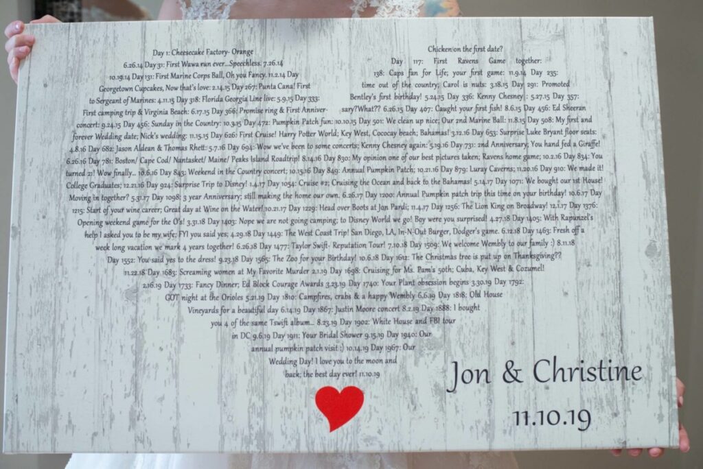 Christine-Jon-Wedding-Blog-19 - TOMMY GATZ ENTERTAINMENT A wooden board with printed text listing events and memories, featuring a small red heart and the names "Jon & Christine" with the date "11.10.19" at the bottom.