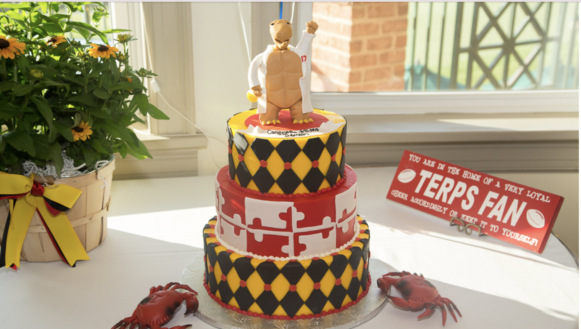 A three-tier Maryland-themed cake with a turtle topper. Decorated with red, yellow, black, and white patterns. Garnished with crab figures. Flowers and a "Terps Fan" sign nearby.